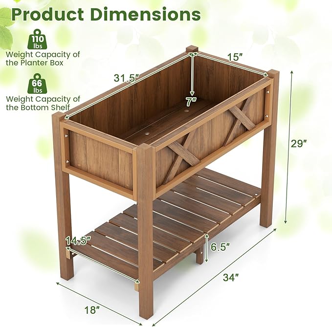 Giantex HIPS Raised Garden Bed, Elevated Planter Box w/Legs, Storage Shelf, Drainage Holes, Weather-Proof Standing Raised Beds for Backyard Porch Flower Vegetable (Coffee, 34" x 18" x 29")