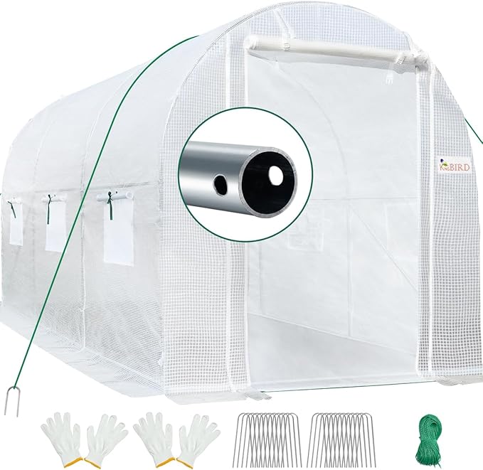 KING BIRD Premium 10x6.6x6.6FT Greenhouse for Outdoors, Large Walk-in Heavy Duty Galvanized Steel Frame, Mesh Door Screen Window Upgraded Zipper Tunnel Hoop for Garden Plant Winter, White