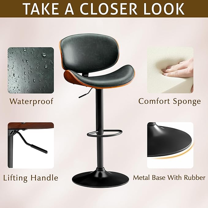 Bar Stools Set of 4 Adjustable Swivel Bentwood Barstools PU Leather Modern Bar Chairs with Back & Footrest for Bar, Kitchen Island, Dining Room (Grenn, Set of 4)