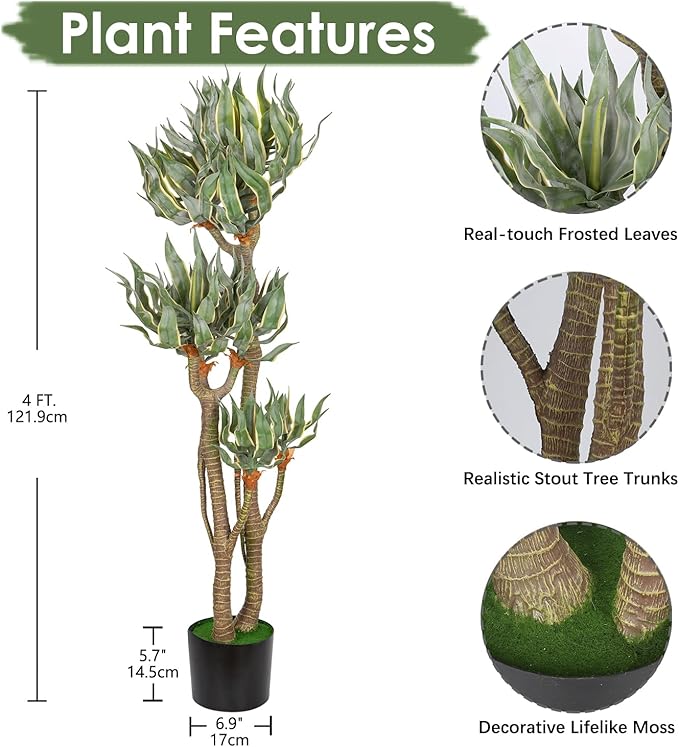 Briful 4Ft Tall Artificial Agave Plants Fake Plants Large Yucca Elephantipes in Pots Agave Americana Artificial Tree for Home Office Décor