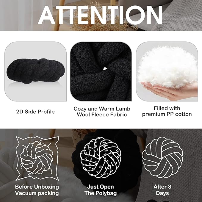 Marsui 2 Pieces Knot Ball Pillows 14 x 14 Inch Decorative Pillow for Couch Bedroom Plush Throw Knot Pillow Soft Handmade Chair Cushion for Living Room Car Decorations (Black)