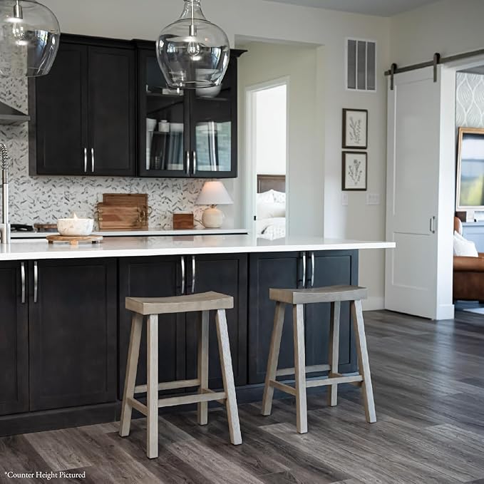 Maven Lane Kitchen Bar Stool, Modern Farmhouse Wood Barstool, Kitchen Island Chairs, Pub Bar Height Stools for Kitchen, Wide Comfortable Seat Backless Bar Stools, Vincent 31 Inch, Antiqued Grey