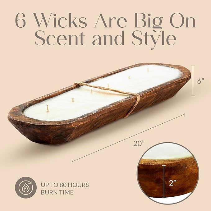 Dough Bowl Candle Co. Clean Cotton Soy Candle - 6 Wick Rustic Farmhouse Decor Odor Eliminator in Ornamental Wooden Bowls, 32 Ounce All-Natural Gifts for Women and Men, Wooden Dough Bowls for Decor