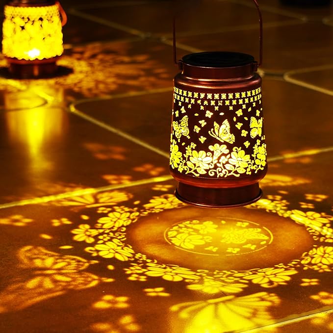 Homemory Solar Lanterns Butterfly Lights Outdoor Waterproof Garden Decor Women Gifts for Birthday, LED Hanging Solar Lights Metal Lantern Decoration Outside for Yard, Patio, Backyard, Porch, Lawn