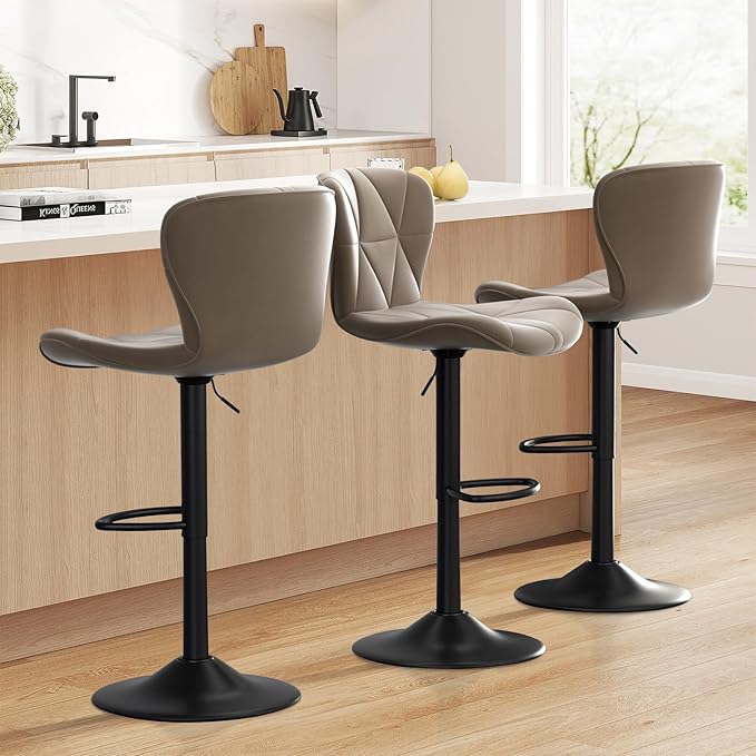 Bar Stools Set of 3,Adjustable Swivel Barstools, Faux Leather Bar Chairs,Upholstered Counter Height with High Backrest for Kitchen Island, Dark Khaki