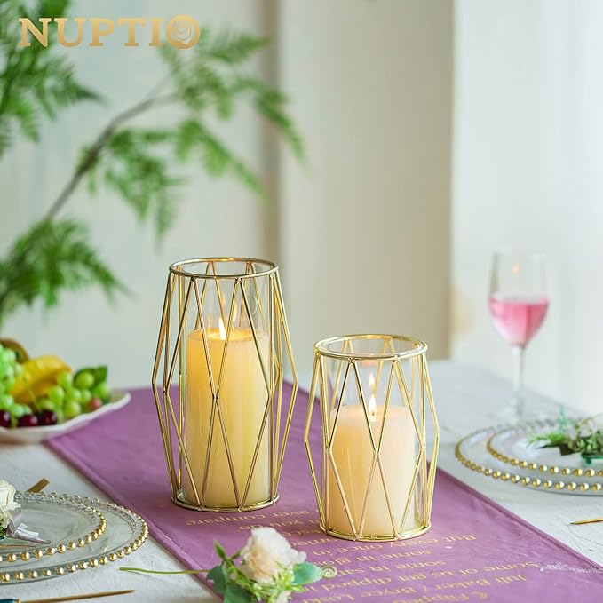 Nuptio Candle Holders for Pillar Candles - Geometric Candleholders Gold Flower Vase with Hurricane Cylinder Glass Dual Uses for Wedding Birthday Party Table Living Room Centerpieces