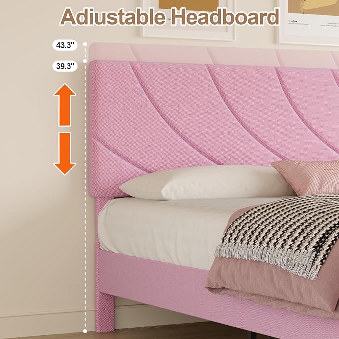 HOMBCK Twin Bed Frames for Kids, Bed Frame Twin with Linen Fabric Upholstered Headboard and Wooden Slats Support,Adiustable Headboard, No Box Spring Needed, Noise-Free, Easy Assembly, Pink