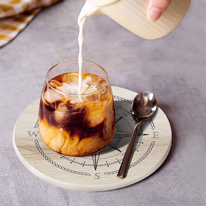 Compass Wind Rose Coaster for Drinks Individual Vintage Marine Geography Exploration Sign Wooden Background Presents for Housewarming Birthday and Family 100% Diatomite 4''X 4'',2 Pack