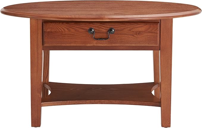 Haven Ridge One Drawer Solid Wood Oval Coffee Table with Shelf, Medium Oak Brown – Leick Home, 9044-MED