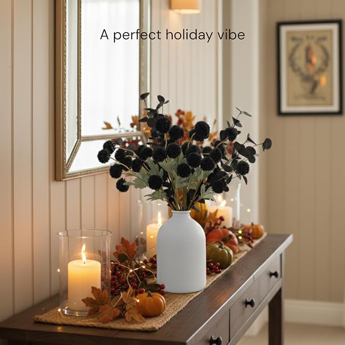 RyddeligHome Black Artificial Flowers for Centerpieces Bulk 10 Long Stems /50 Small Faux Silk Mum Balls + Black Eucalyptus Stems 2 Branches, Fall Boho Halloween Home Decor Indoor, Gothic Flowers