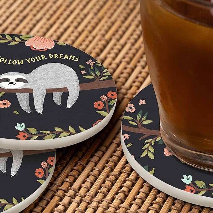 Cute Sloth Coasters for Drinks Office Coffee Table Follow Your Dreams Animal On The Tree Beautiful Wreath Living Room Decor Set of 2 for Cold Drinks Wine Mugs and Cups 4 Inch