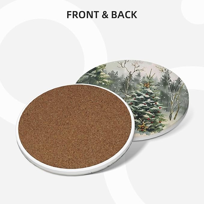 Winter Christmas Tree Coasters for Drinks Red Bell Absorbent Ceramic Coaster Set of 4 for Coffee Table Cup Bar Coasters with Cork Base Round Stone Mats Holiday Housewarming New Home Decors