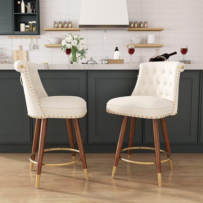 24" Counter Height Bar Stools Set of 2, Swivel Counter Stools with Back, Upholstered Velvet Stools for Kitchen Counter with Wood Legs, Fabric in Off-White