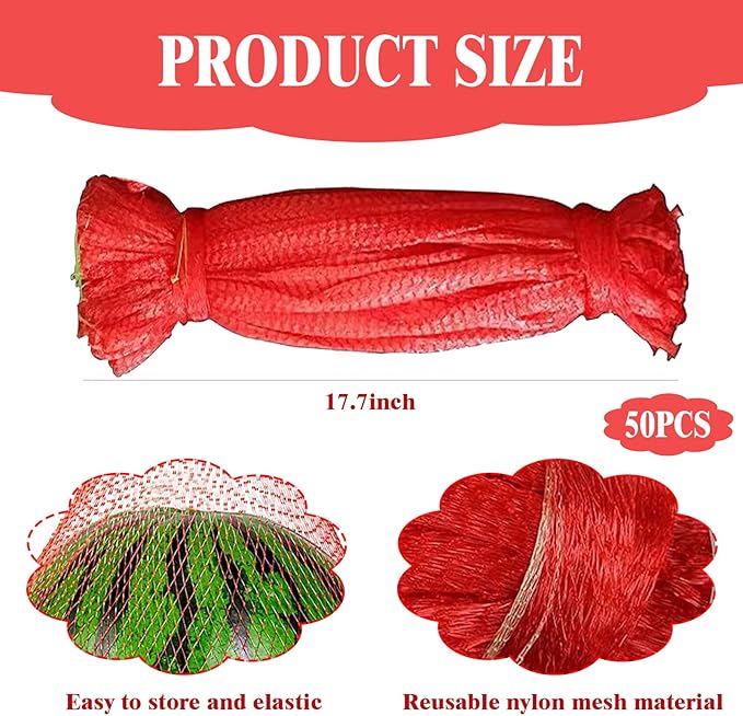 50 Pack Watermelon Nets 17.7 Inches Red Onion Mesh Bags Reusable Honeydew Melon Nets Melon Hammock Hanging Bags for Supporting Garden Growing Cantaloupes Vegetables Honeydew (7-22lbs)