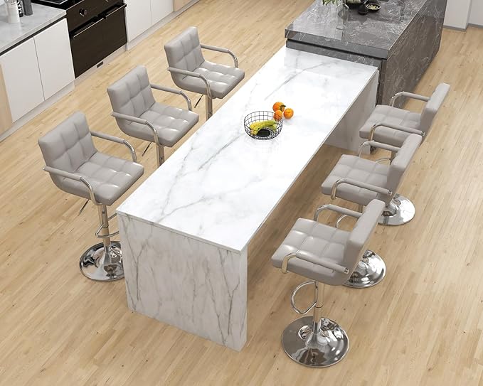 Modern PU Leather Bar Stools Set of 6, Adjustable Swivel Square Bar Chairs, Counter Height Barstools with Arms and Large Base for Island/Kitchen(Gray)