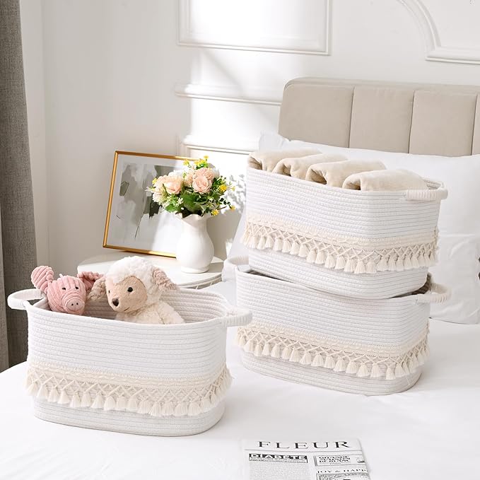 3 Pack Storage Basket for Shelves, Boho Cotton Rope Storage Bins with Heavy Tassel, Shelf Baskets Large Woven Baskets for Organizing, Cube Organizer Bins, Baby Laundry Basket for Clothes, Toys, Pets