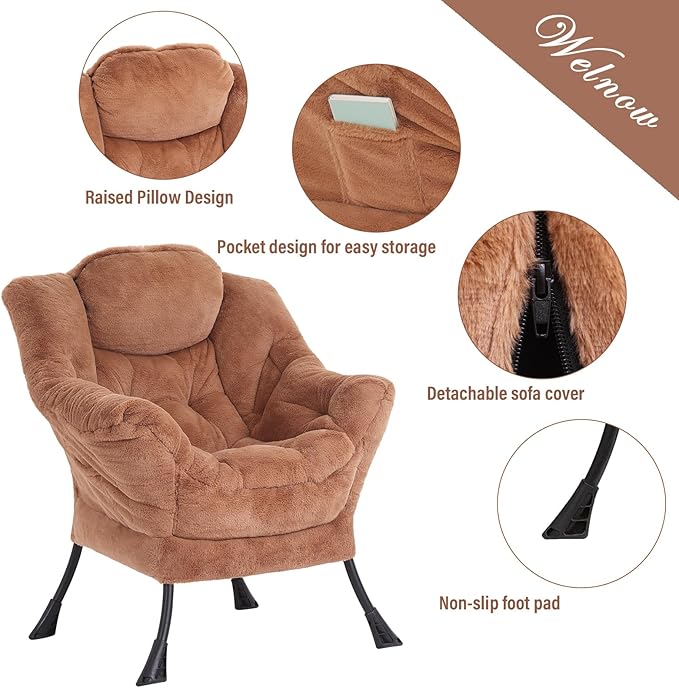 Welnow Lazy Chair with Ottoman, Modern Lounge Accent Chair with Armrests and a Side Pocket, Leisure Sofa Armchair, Reading Armchair with Footrest for Small Space, Plush Brown