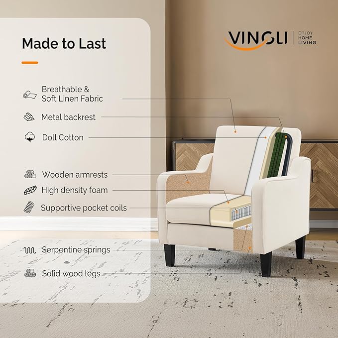 VINGLI Mid Century Modern Fabric Accent Chair,Beige for Living Room Upholstered Armchair with Scooped Arms for Bedroom,Apartment,Studio,Office,Waiting Room,Beige