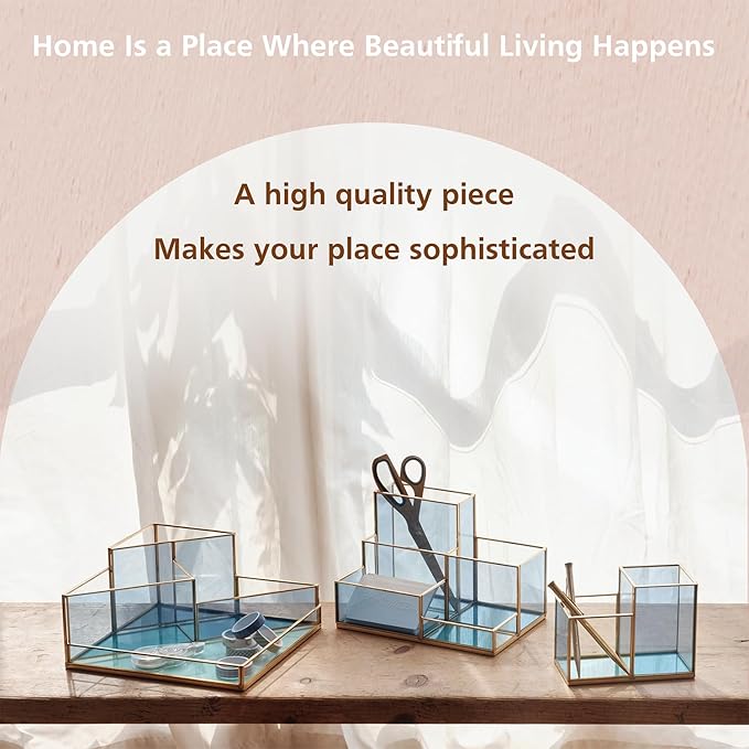 5-Compartment Desk Organizer for Home Office Supplies, Gold Brass with Blue Glass, Workspace Storage for Stationery, Cosmetic, Makeup Tools and Brush.