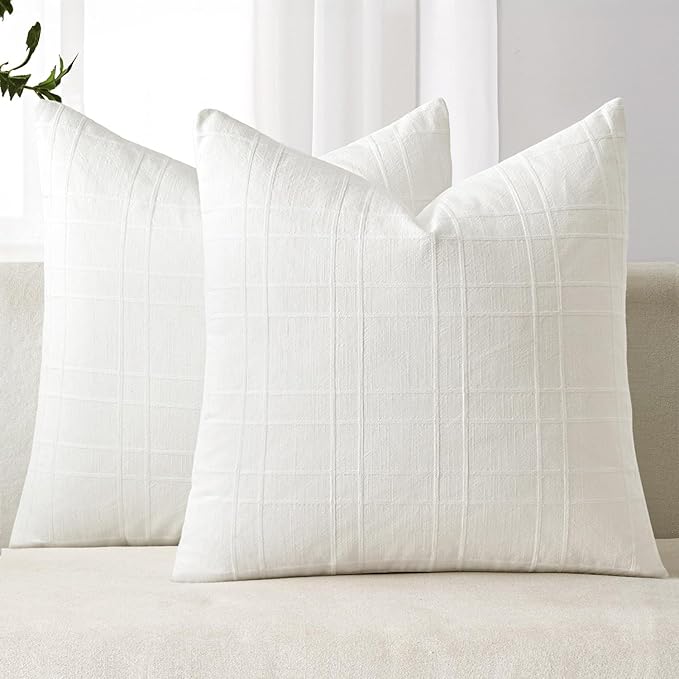 MIULEE Decorative Linen Check Euro Shams Throw Pillow Covers Neutral Farmhouse Vintage Christmas Pillow Covers 26x26 Set of 2 Boho Modern Home Decor for Sofa Couch Bedroom Cushion Cream White
