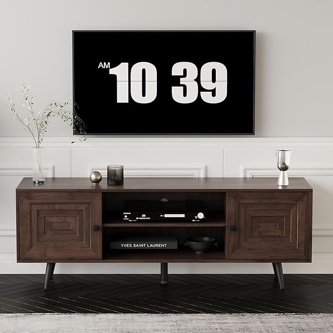 Modern TV Stand with Storage Cabinet, Wood Fashionable TV Cabinet with Waveform Panel and Adjustable Shelf, Entertainment Center TV Stand for TV, Living Room (Dark Walnut