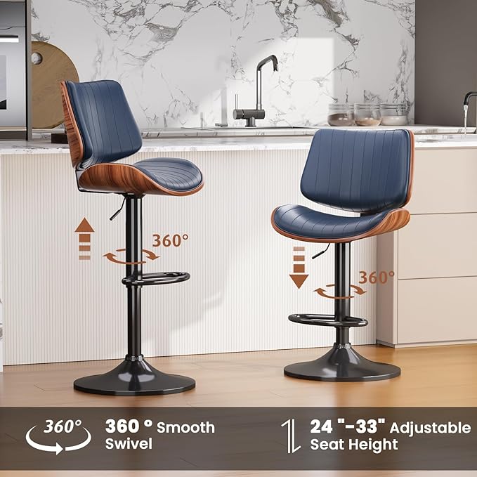 Swivel Bar Stools Set of 3, Adjustable Bentwood Barstools for Kitchen Counter, Modern PU Leather Upholstered Bar Chair with Back and Footrest, for Kitchen Island, Bar, Dining Room, Navy