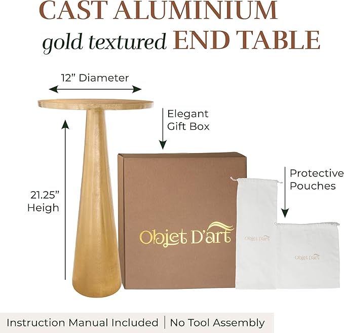 OBJET D'ART Small Round Gold End Tables, Set of 2, ABEL, 21" Height, Vintage Metal Accent, Side, Pedestal, Coctail and Drink Tables for Living Room and Small Spaces