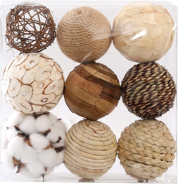 Assorted Decorative Spherical 9pcs Brown White Orbs Natural Twig Rattan Woven Cotton Balls for Vase Bowl Filler Tabletop Decor