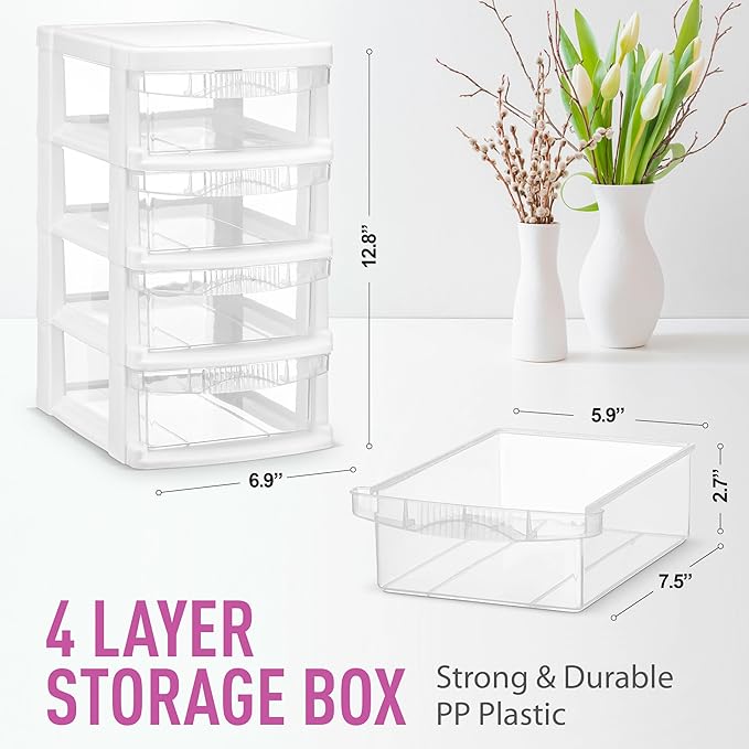 Mini Plastic Stacking Desk Top 4-Drawer Storage Organizer, for Makep Vanity Nail Polish Bathroom Stationery Art Craft Supplies Kitchen Office Garage and Small Organization, Small, White