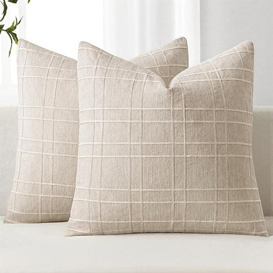 MIULEE Decorative Linen Check Throw Pillow Covers Neutral Farmhouse Vintage Christmas Pillow Covers 16x16 Set of 2 Boho Modern Home Decor for Sofa Couch Bedroom Cushion Natural Beige