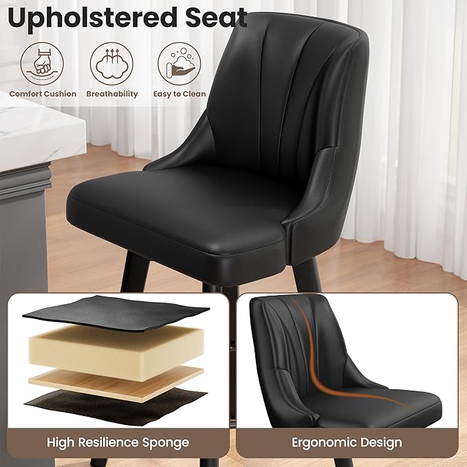 Counter Height Swivel Bar Stool, 24" Upholstered PU Leather Barstools, Counter Stool Chair with Back & Solid Wood Legs for Kitchen Island Dining Room (Black)