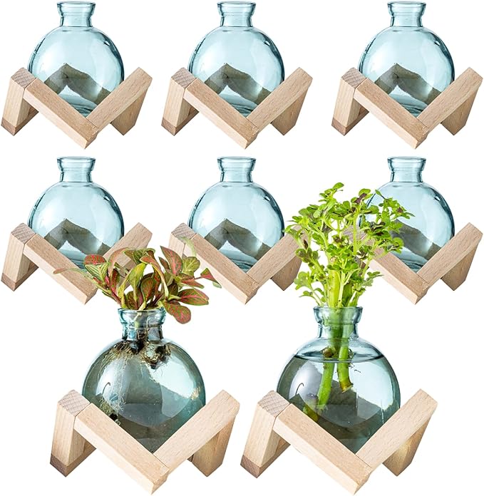 Plant Propagation Station, Plant Terrarium with Wooden Stand for Hydroponic Plant Propagation, Propagation Vases for Plants, Green Glass Bulb Vases for Home Office Decor (8)