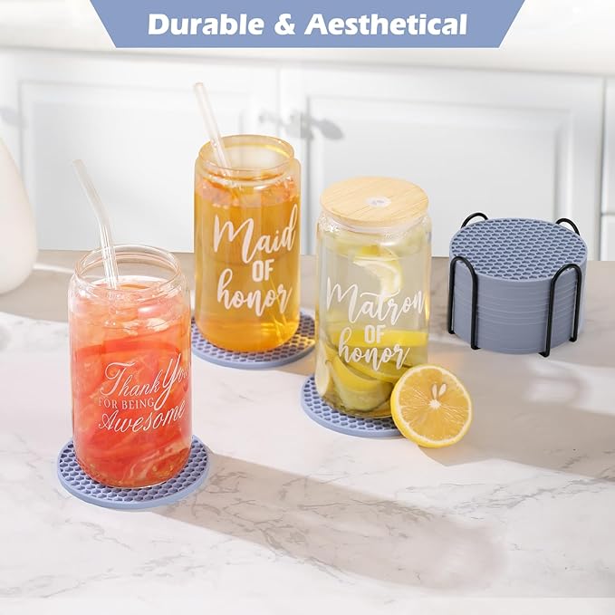 Silicone Coasters Set of 8 with Holder,Coasters for Drinks,Beer,Coffee Coasters,Suitable for Kinds Cups,Hot or Cold,Anti-SLI,Non-Stick,Anti-Overflow Tabletop Protection and Decor (8 Pcs, Blue)