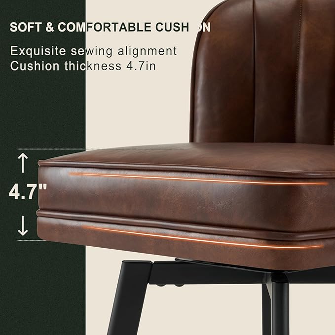 Swivel Counter Height Bar Stools Set of 2, 26'' Modern Barstools with Backs and Metal Legs, Upholstered Bar Chairs, Faux Leather Brown Stools for Kitchen Island Chairs
