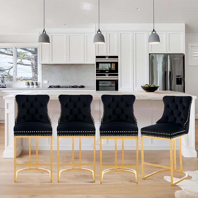 UVV Counter Height Bar Stools Set of 4, 26" Modern Barstools with Back, Velvet Upholstery Counter Chairs with Metal Legs for Kitchen Island, Bar, Counter, Black