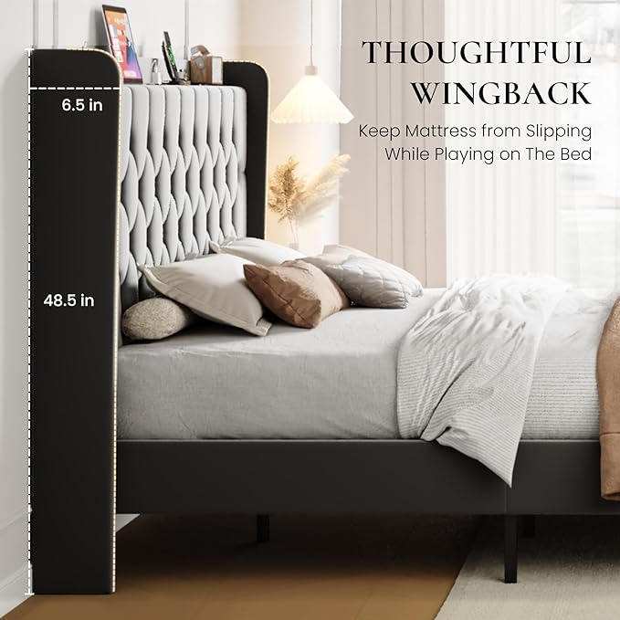 SHA CERLIN King Size Platform Bed Frame with Charging Station, Velvet Wingback Headboard with Storage Shelf, Wooden Slats Support, Ample Under-Bed Space, No Box Spring Needed, Easy Assembly, Grey