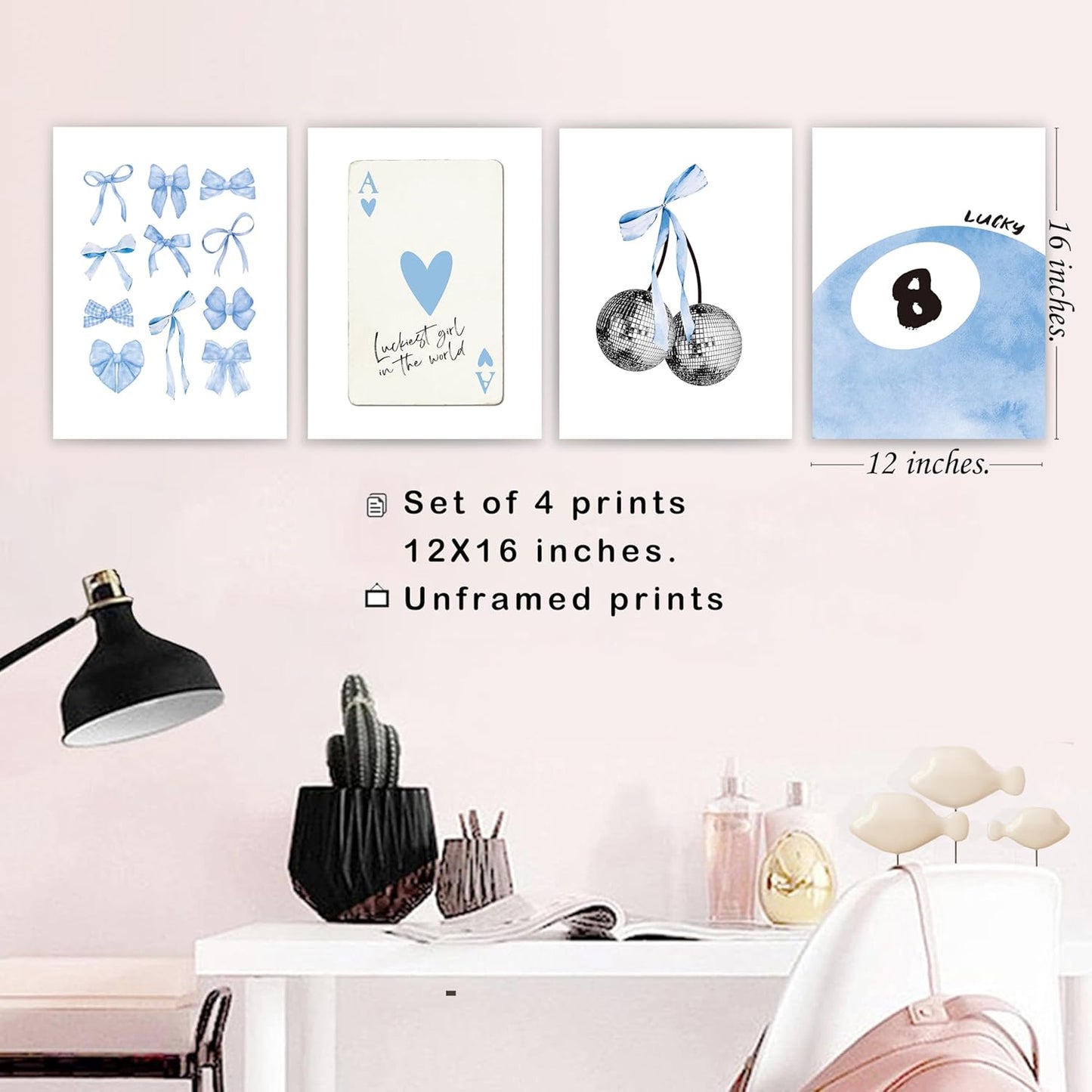 okaxscm Light Blue Coquette Trendy Preppy Wall Art Prints Set of 4,Coquette Preppy Room Decor,Blue Bow Disco 8 Ball Cherry Wall Decor Posters for Girls Bedroom Dorm,12x16 Unframed