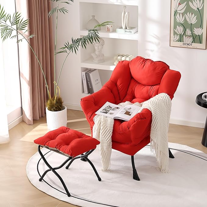 Welnow Lazy Chair with Ottoman, Modern Lounge Accent Chair with Armrests and a Side Pocket, Leisure Sofa Armchair Set, Reading Armchair with Footrest for Small Space, Red