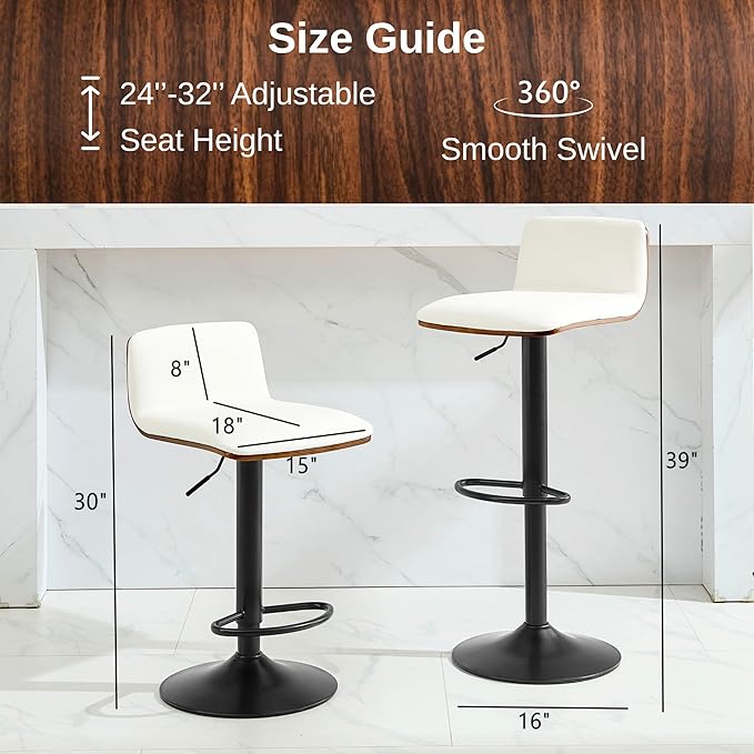 Set of 4 Swivel Bar Stools Adjustable Height, Faux Leather Barstools with Wooden Back and Footrest, Counter Height Bar Height Chairs for Kitchen Island, Dining Room, White
