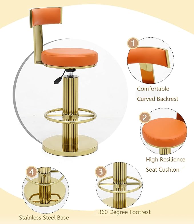 FUNROLUX Counter Height Bar Stools with Back, Modern Adjustable Height Barstools Swivel Bar Chair with Polished Gold Stainless Steel Legs for Kitchen Island Counter Living Room Coffee Shop (Orange)