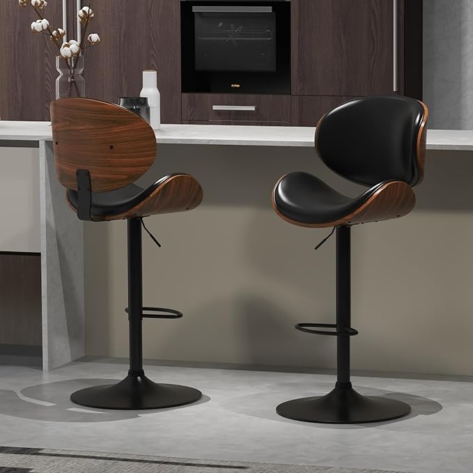civama Bar Stools Set of 2 for Kitchen Counter, Adjustable Bar Height Chairs, Modern Swivel Barstools with Bentwood Seat and Back with Footrest, for Kitchen Island, Dining Room, Black PU Leather