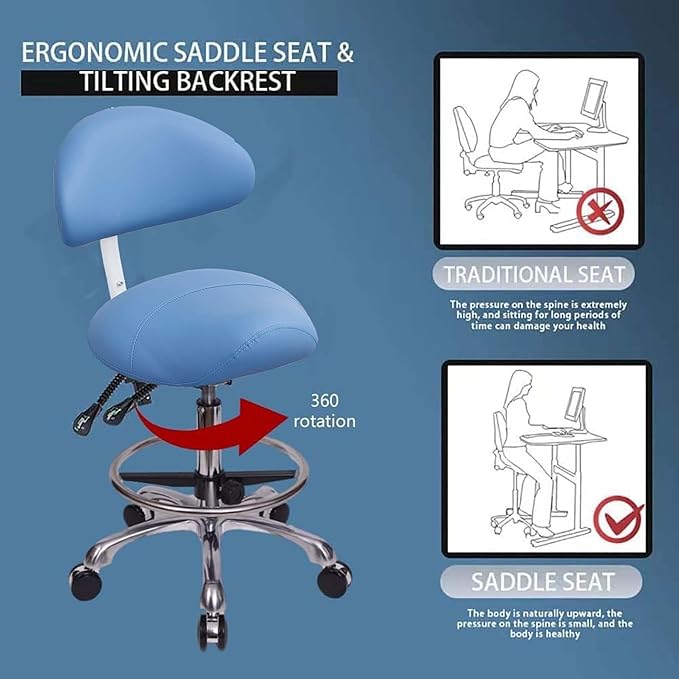 Saddle Stool Chair with Backrest and Foot Ring, Ergonomic Rolling Esthetician Seat for Salon, Tattoo Shop, Spa, Facial lash Home, Dentist Clinic, Esthetician Chair, Blue