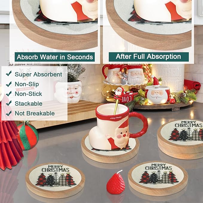 Christmas Tree Coasters for Drinks, Minacun Absorbent Coaster Set of 5, White Elephant Gifts, Secret Santa Gifts, Xmas Decor, Drinks Coasters for Coffee Tabletop Protection, 4.3 Inches