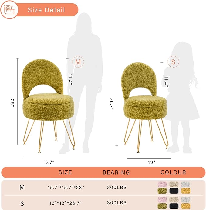 Storage Ottoman Vanity Stool Chair with Folding Back Teddy Velvet Makeup Chair Multifunctional Upholstered Footstool,4 Metal Legs with Anti-Slip Feet for Bedroom Living Room Entryway