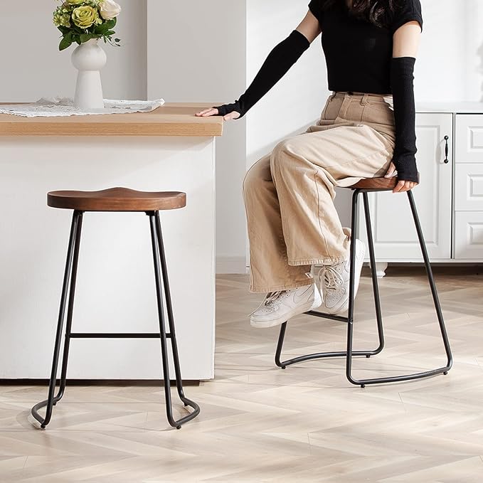 HeuGah Bar Stools Set of 3, Solid Wood Counter Height Bar Stools 26 Inch Barstool Chair for Kitchen Island Rustic Saddle Seat Backless Stools with Metal Leg (Walnut, 3 PCS 26Inch Counter Chair)