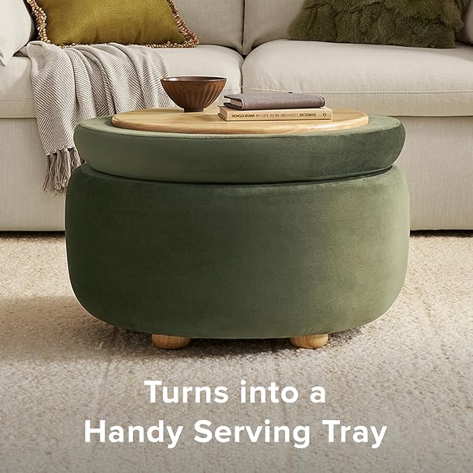 mopio Luna Round Ottoman with Storage and Tray, Round Coffee Table with Storage, Upholstered Foot Stools Ottoman for Living Room, Bedroom, with Solid Rubberwood Legs (Olive Green Premium Velvet)