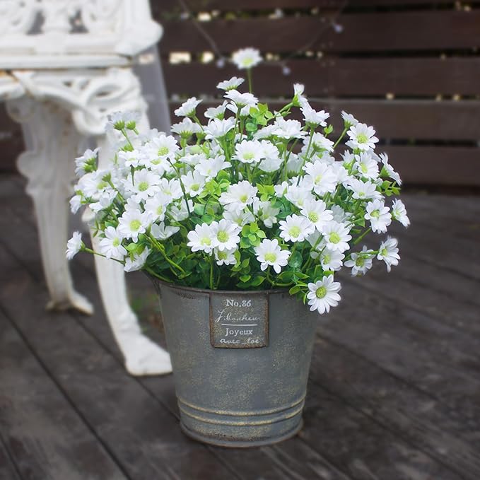 Fake Flowers Outdoor 8 Bundles Silk Artificial Daisy White Cemetery Flowers Outside Fade Resistant Plants Look Real for Wedding Garden Porch Patio Planter Decorations (8 Bundles White)