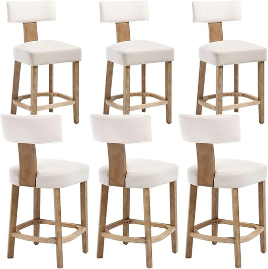 Linen Bar Stools Set of 6, Upholstered 27.7'' Counter Height Barstools with Curved Back, Farmhouse Wood Bar Chairs for Breakfast, Kitchen Island, Cafe, Beige