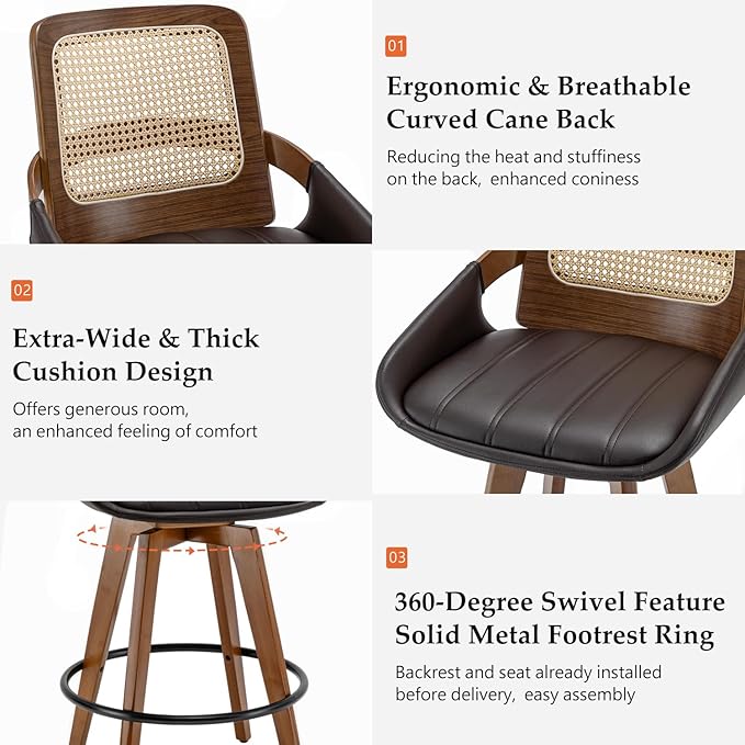 Mid Century Modern Counter Stools - 29.5 inch Swivel Rattan bar stools with Cane Back, Upholstered Faux Leather, Walnut Craftsmanship (Walnut Brown, Set of 3/30 inch)