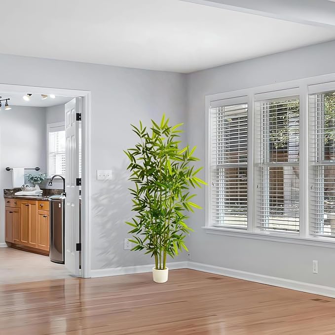 Artificial Bamboo Tree, 6ft Tall Fake Bamboo Plant with White Planter, Faux Trees with 5 Trunks and Lifelike Leaves for Indoor Outdoor Home Office Décor